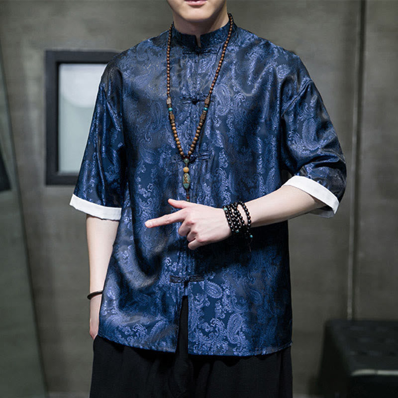 Nimara Ritual Summer Cashew Flowers Pattern Men's Frog-Button Half Sleeve Shirts