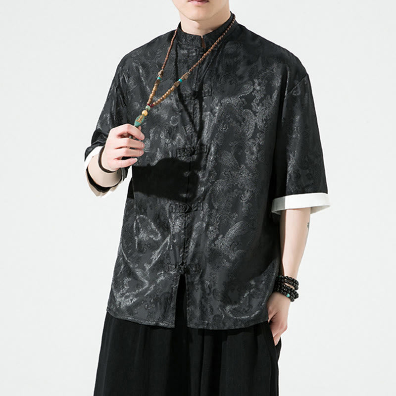 Nimara Ritual Summer Cashew Flowers Pattern Men's Frog-Button Half Sleeve Shirts
