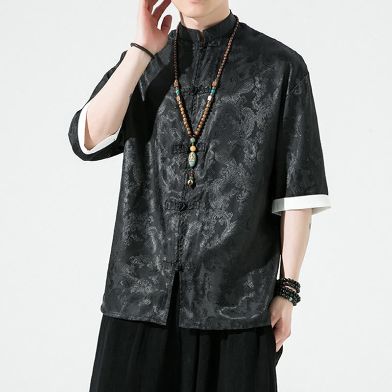Nimara Ritual Summer Cashew Flowers Pattern Men's Frog-Button Half Sleeve Shirts