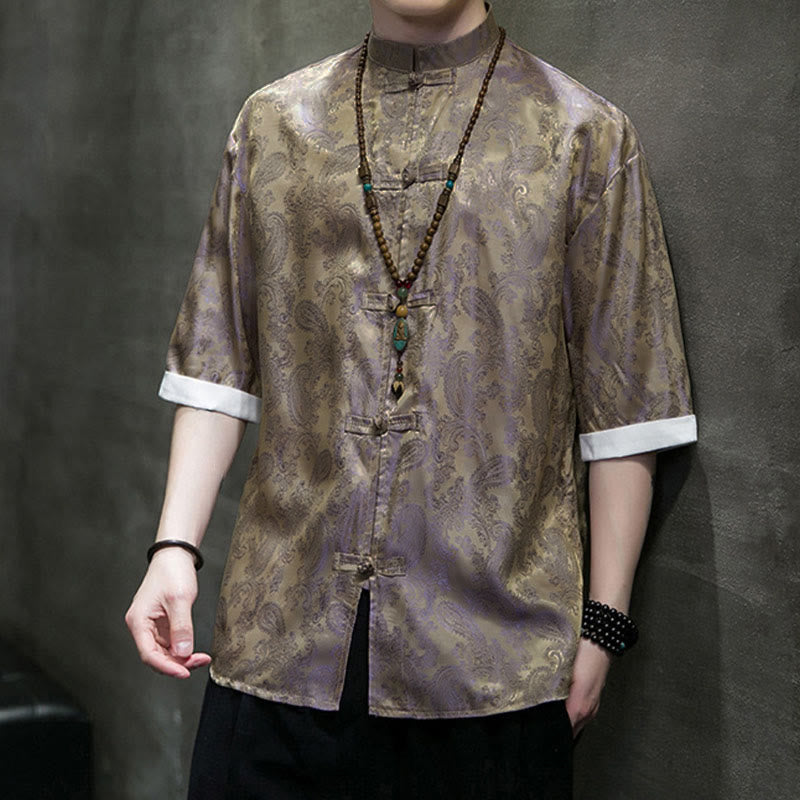 Nimara Ritual Summer Cashew Flowers Pattern Men's Frog-Button Half Sleeve Shirts
