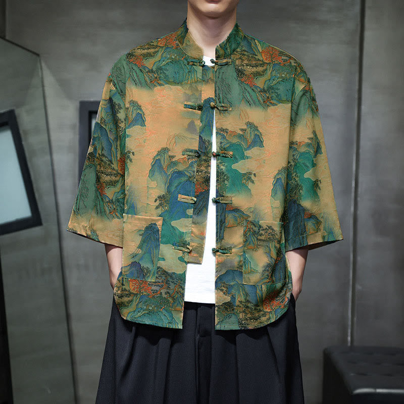 Nimara Ritual Spring Frog-Button Dragon Mountain Flower Three Quarter Sleeve Tang Suit Men's Shirt With Pockets