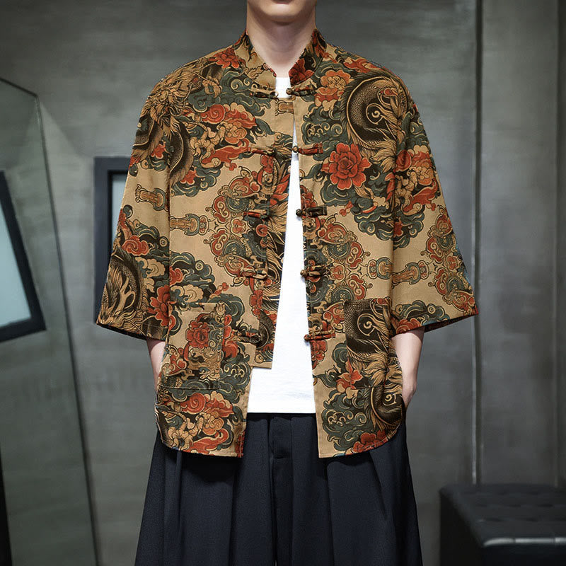 Nimara Ritual Spring Frog-Button Dragon Mountain Flower Three Quarter Sleeve Tang Suit Men's Shirt With Pockets