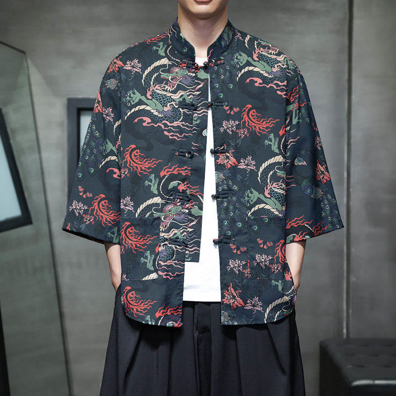 Nimara Ritual Spring Frog-Button Dragon Mountain Flower Three Quarter Sleeve Tang Suit Men's Shirt With Pockets