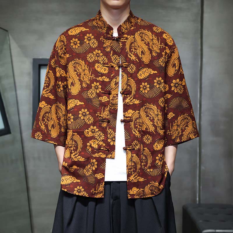 Nimara Ritual Spring Frog-Button Dragon Mountain Flower Three Quarter Sleeve Tang Suit Men's Shirt With Pockets