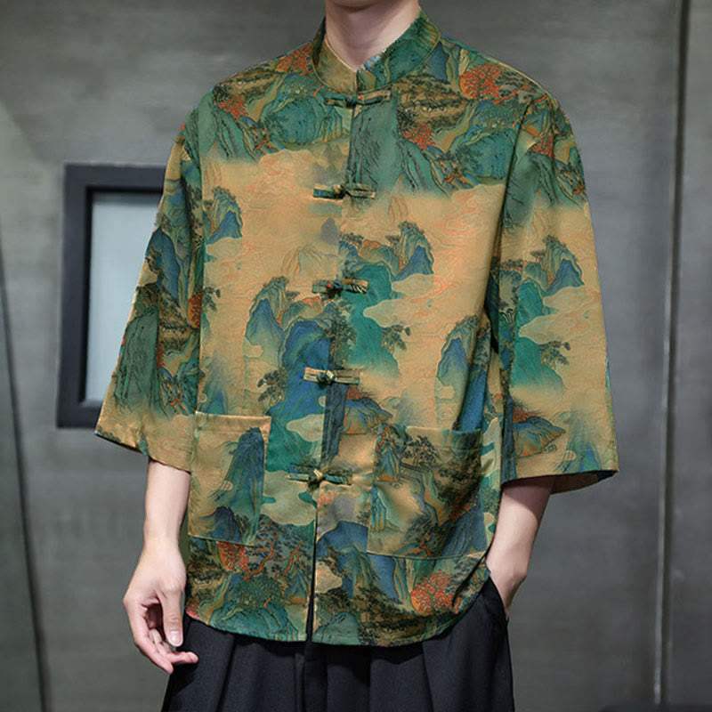 Nimara Ritual Spring Frog-Button Dragon Mountain Flower Three Quarter Sleeve Tang Suit Men's Shirt With Pockets