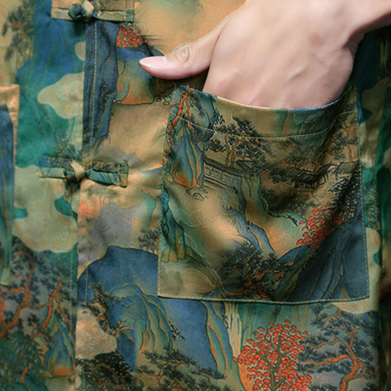 Nimara Ritual Spring Frog-Button Dragon Mountain Flower Three Quarter Sleeve Tang Suit Men's Shirt With Pockets