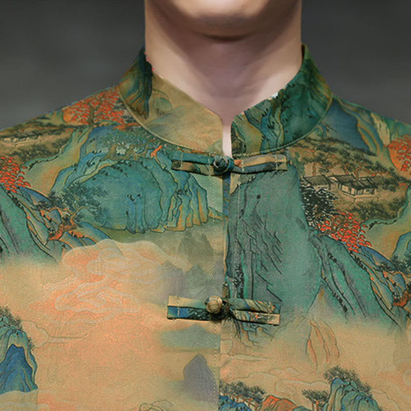 Nimara Ritual Spring Frog-Button Dragon Mountain Flower Three Quarter Sleeve Tang Suit Men's Shirt With Pockets