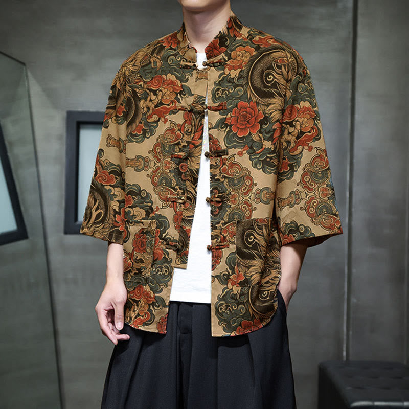 Nimara Ritual Spring Frog-Button Dragon Mountain Flower Three Quarter Sleeve Tang Suit Men's Shirt With Pockets
