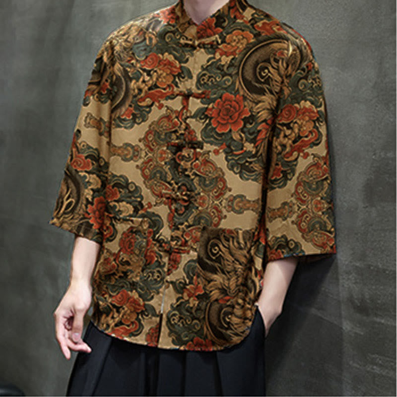 Nimara Ritual Spring Frog-Button Dragon Mountain Flower Three Quarter Sleeve Tang Suit Men's Shirt With Pockets