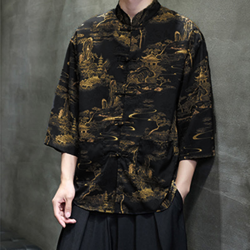 Nimara Ritual Spring Frog-Button Dragon Mountain Flower Three Quarter Sleeve Tang Suit Men's Shirt With Pockets