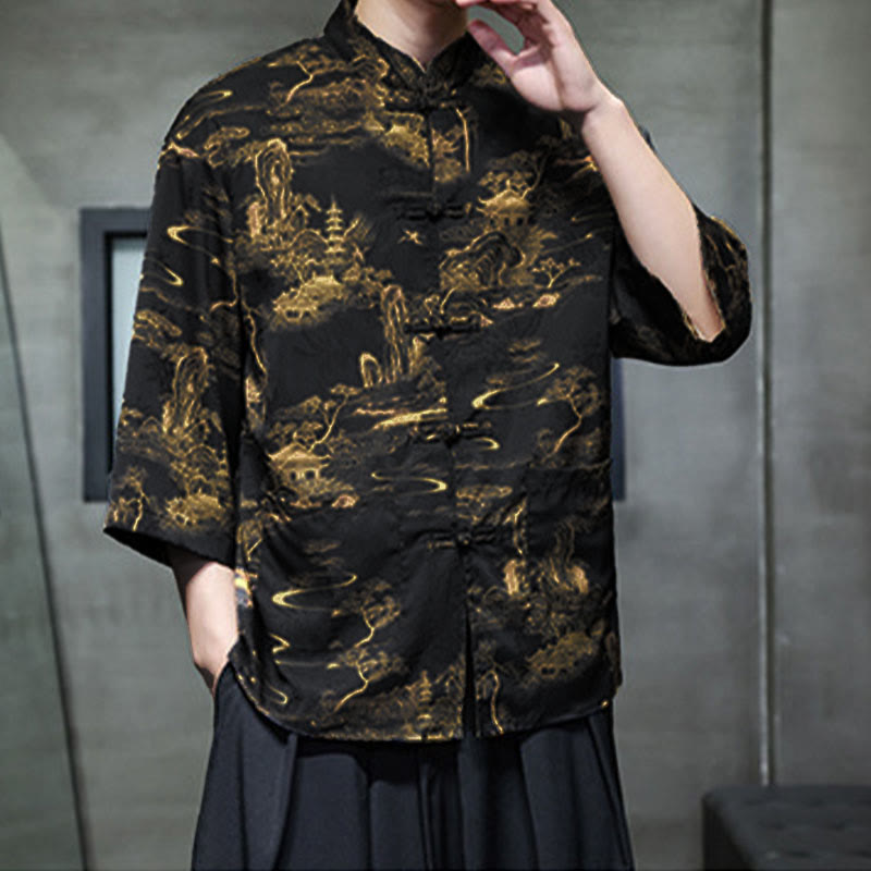 Nimara Ritual Spring Frog-Button Dragon Mountain Flower Three Quarter Sleeve Tang Suit Men's Shirt With Pockets