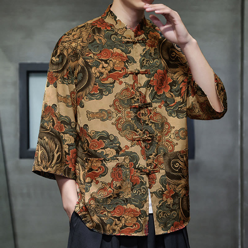 Nimara Ritual Spring Frog-Button Dragon Mountain Flower Three Quarter Sleeve Tang Suit Men's Shirt With Pockets