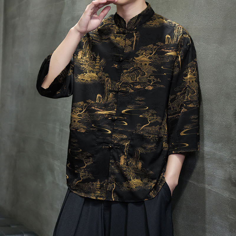 Nimara Ritual Spring Frog-Button Dragon Mountain Flower Three Quarter Sleeve Tang Suit Men's Shirt With Pockets