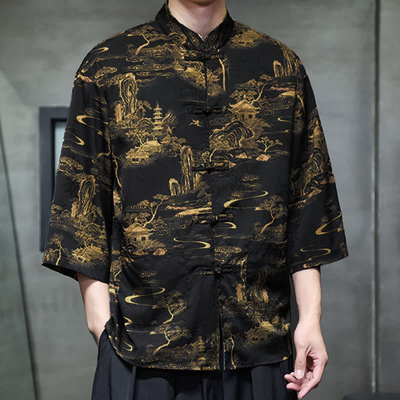 Nimara Ritual Spring Frog-Button Dragon Mountain Flower Three Quarter Sleeve Tang Suit Men's Shirt With Pockets