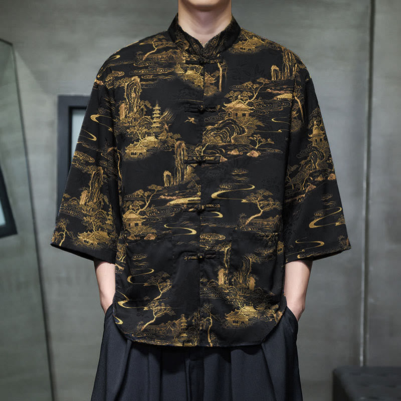 Nimara Ritual Spring Frog-Button Dragon Mountain Flower Three Quarter Sleeve Tang Suit Men's Shirt With Pockets