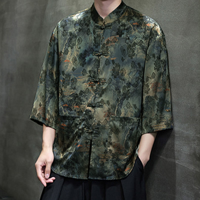 Nimara Ritual Spring Frog-Button Dragon Mountain Flower Three Quarter Sleeve Tang Suit Men's Shirt With Pockets