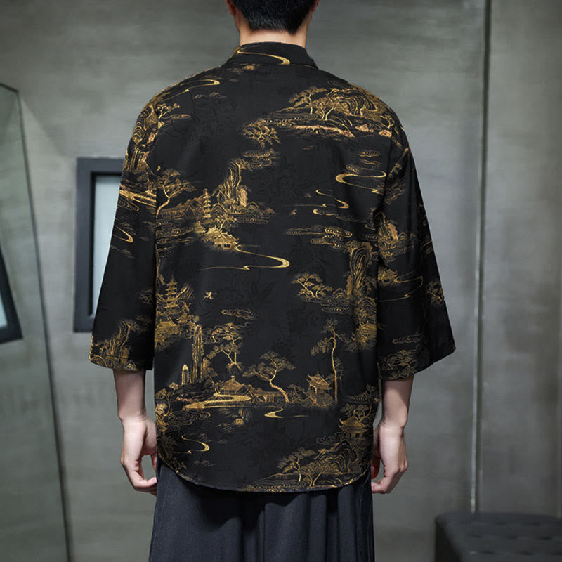 Nimara Ritual Spring Frog-Button Dragon Mountain Flower Three Quarter Sleeve Tang Suit Men's Shirt With Pockets
