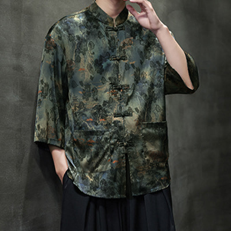 Nimara Ritual Spring Frog-Button Dragon Mountain Flower Three Quarter Sleeve Tang Suit Men's Shirt With Pockets