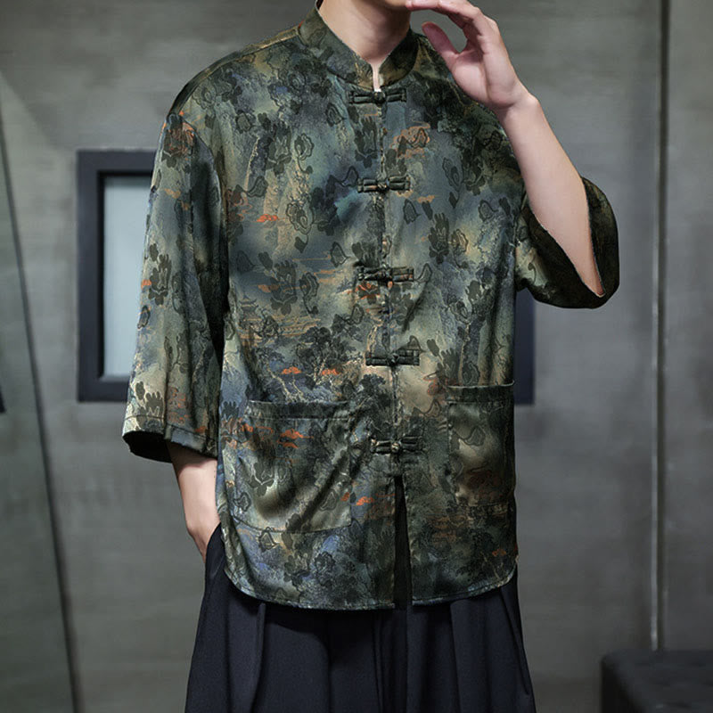 Nimara Ritual Spring Frog-Button Dragon Mountain Flower Three Quarter Sleeve Tang Suit Men's Shirt With Pockets