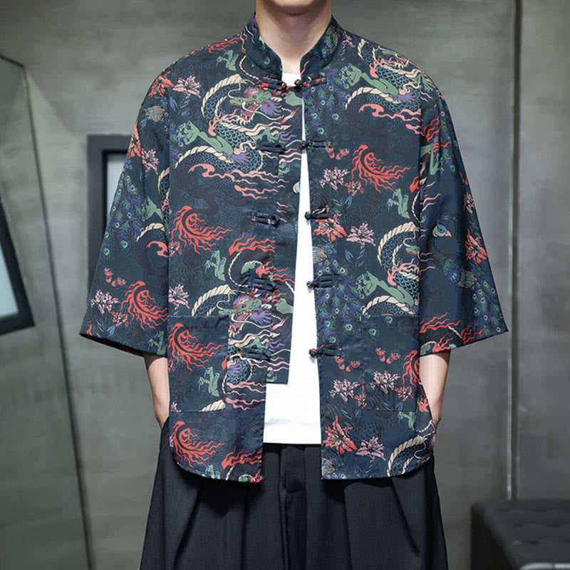 Nimara Ritual Spring Frog-Button Dragon Mountain Flower Three Quarter Sleeve Tang Suit Men's Shirt With Pockets