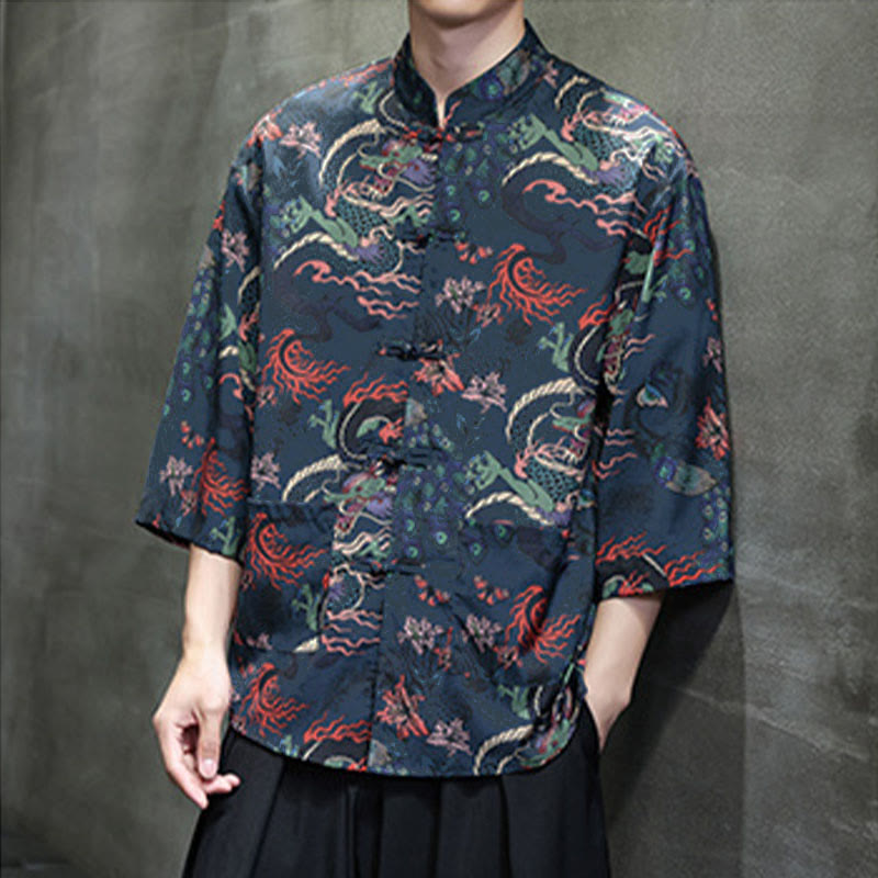Nimara Ritual Spring Frog-Button Dragon Mountain Flower Three Quarter Sleeve Tang Suit Men's Shirt With Pockets