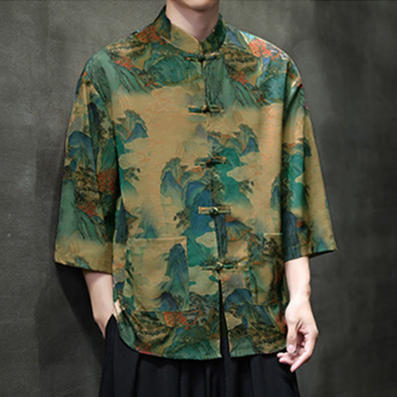 Nimara Ritual Spring Frog-Button Dragon Mountain Flower Three Quarter Sleeve Tang Suit Men's Shirt With Pockets