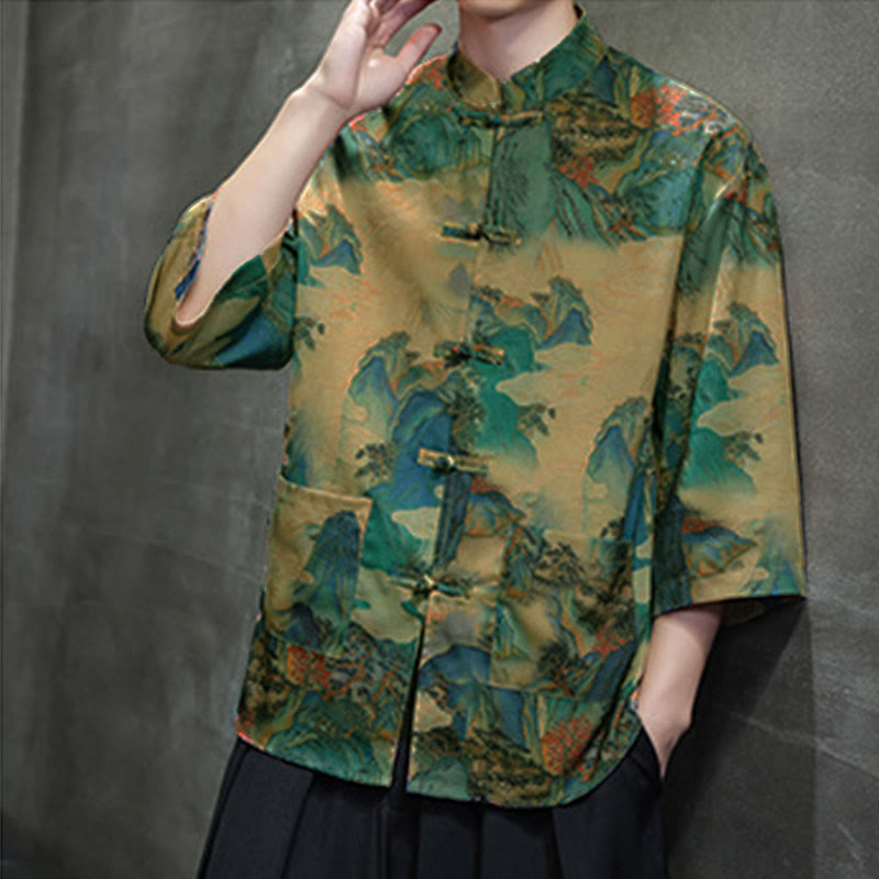 Nimara Ritual Spring Frog-Button Dragon Mountain Flower Three Quarter Sleeve Tang Suit Men's Shirt With Pockets