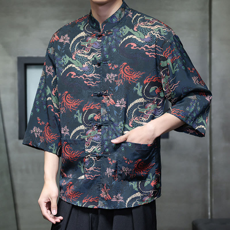Nimara Ritual Spring Frog-Button Dragon Mountain Flower Three Quarter Sleeve Tang Suit Men's Shirt With Pockets
