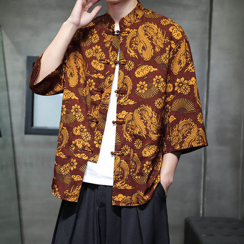 Nimara Ritual Spring Frog-Button Dragon Mountain Flower Three Quarter Sleeve Tang Suit Men's Shirt With Pockets