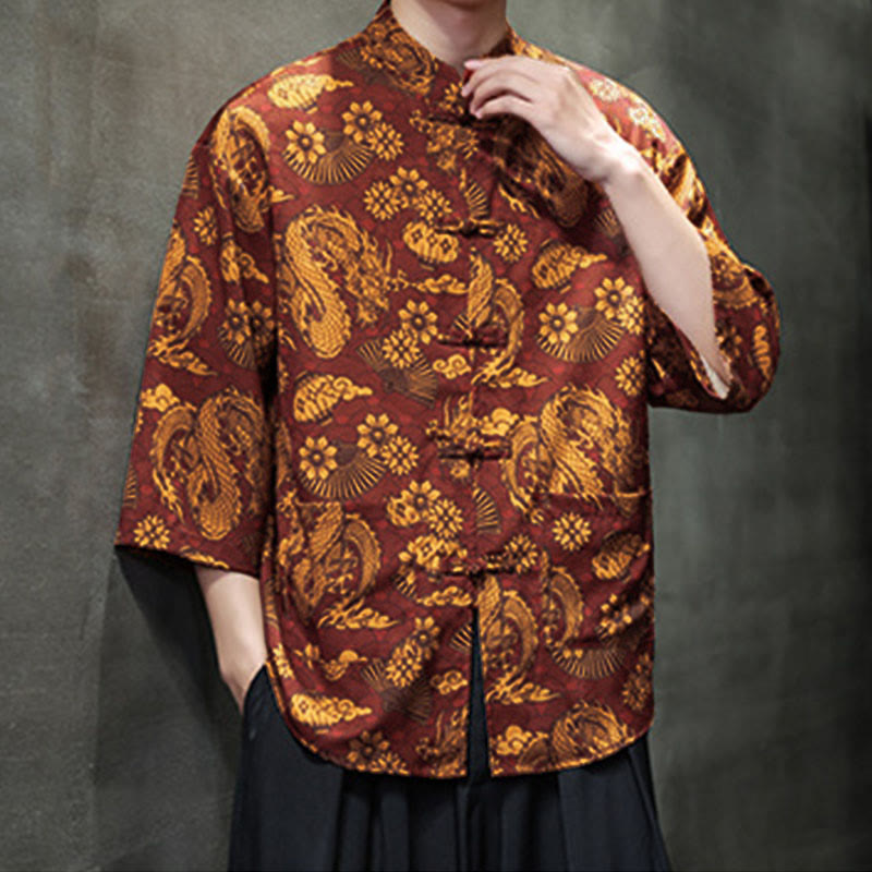 Nimara Ritual Spring Frog-Button Dragon Mountain Flower Three Quarter Sleeve Tang Suit Men's Shirt With Pockets