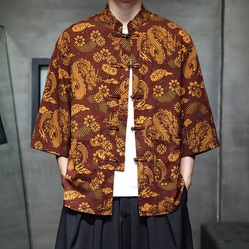 Nimara Ritual Spring Frog-Button Dragon Mountain Flower Three Quarter Sleeve Tang Suit Men's Shirt With Pockets