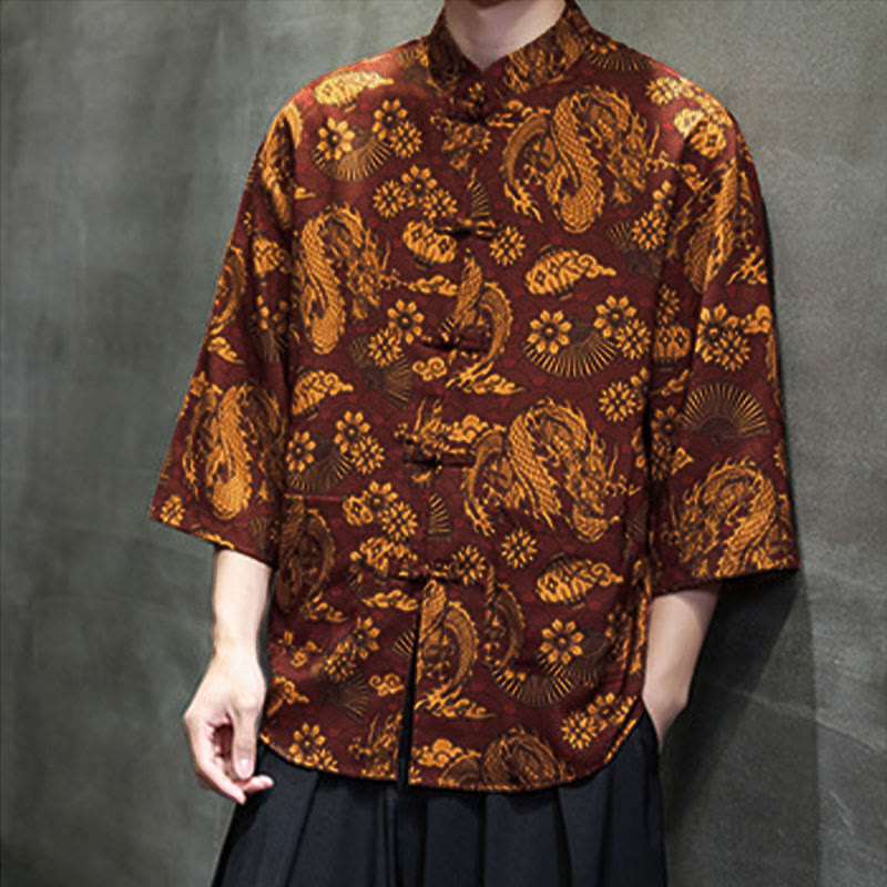 Nimara Ritual Spring Frog-Button Dragon Mountain Flower Three Quarter Sleeve Tang Suit Men's Shirt With Pockets