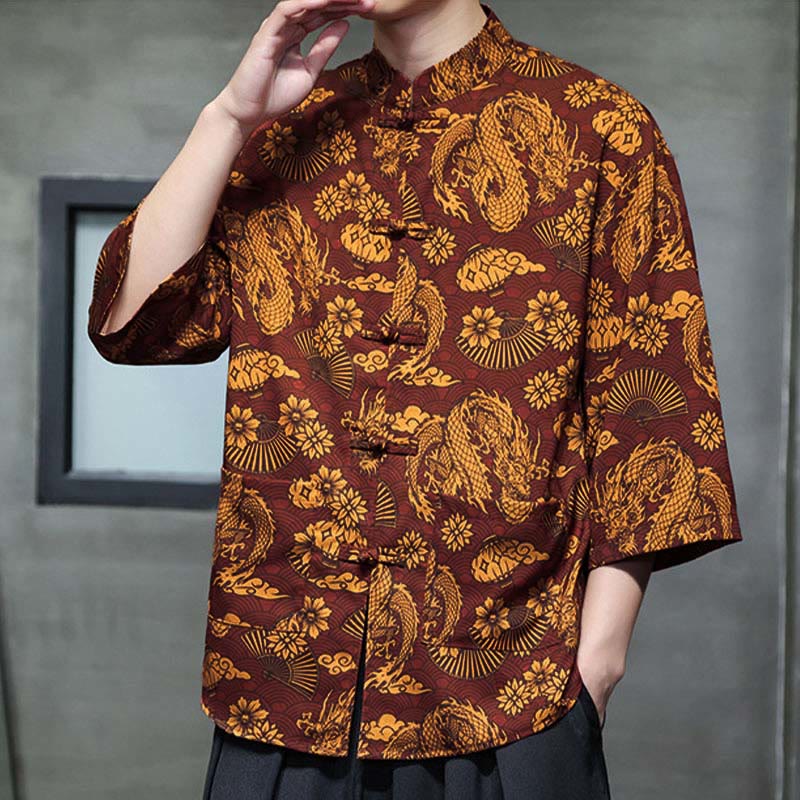 Nimara Ritual Spring Frog-Button Dragon Mountain Flower Three Quarter Sleeve Tang Suit Men's Shirt With Pockets