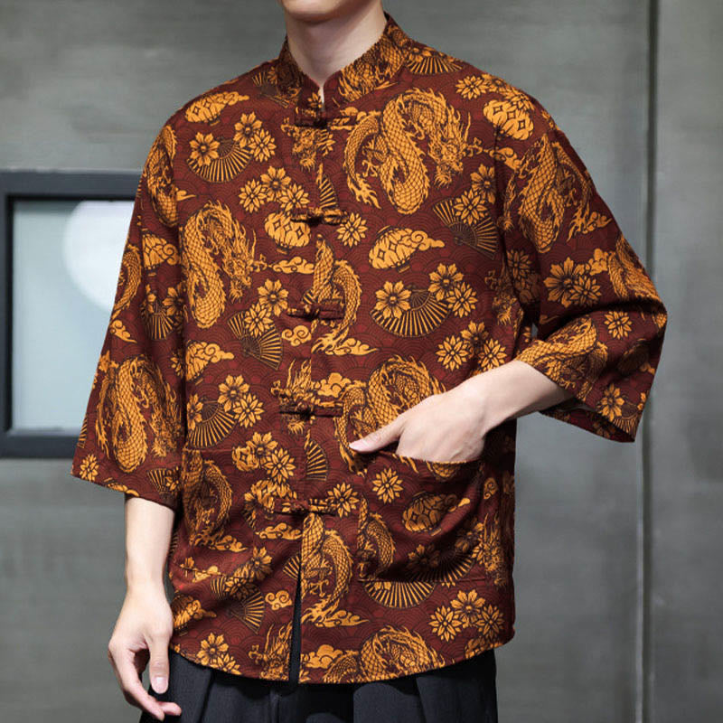 Nimara Ritual Spring Frog-Button Dragon Mountain Flower Three Quarter Sleeve Tang Suit Men's Shirt With Pockets