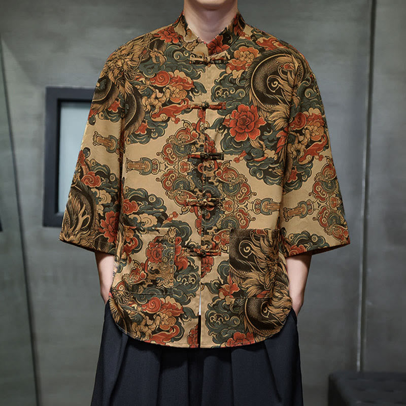 Nimara Ritual Spring Frog-Button Dragon Mountain Flower Three Quarter Sleeve Tang Suit Men's Shirt With Pockets