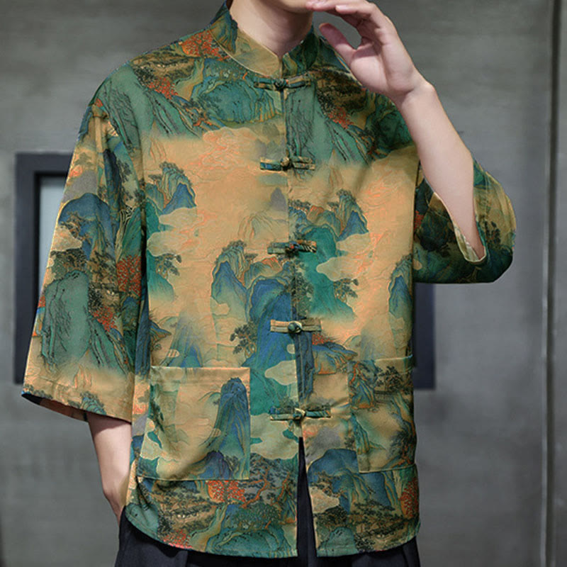 Nimara Ritual Spring Frog-Button Dragon Mountain Flower Three Quarter Sleeve Tang Suit Men's Shirt With Pockets