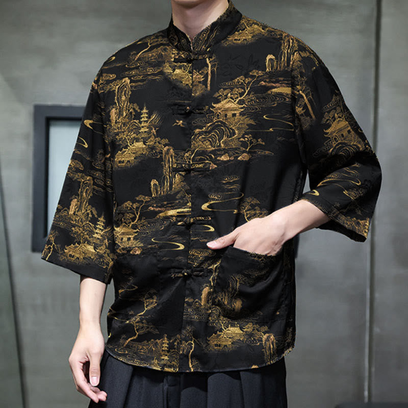 Nimara Ritual Spring Frog-Button Dragon Mountain Flower Three Quarter Sleeve Tang Suit Men's Shirt With Pockets