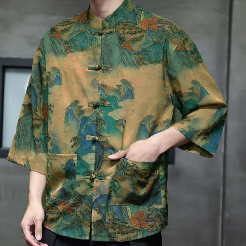 Nimara Ritual Spring Frog-Button Dragon Mountain Flower Three Quarter Sleeve Tang Suit Men's Shirt With Pockets