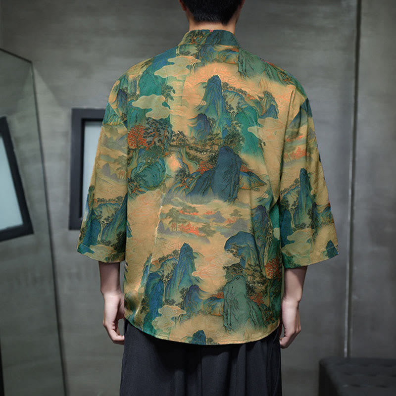 Nimara Ritual Spring Frog-Button Dragon Mountain Flower Three Quarter Sleeve Tang Suit Men's Shirt With Pockets