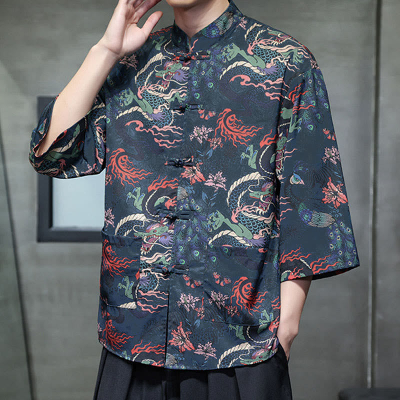 Nimara Ritual Spring Frog-Button Dragon Mountain Flower Three Quarter Sleeve Tang Suit Men's Shirt With Pockets