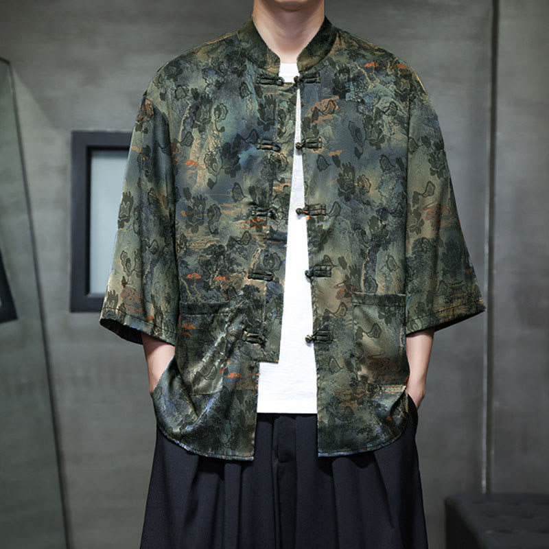 Nimara Ritual Spring Frog-Button Dragon Mountain Flower Three Quarter Sleeve Tang Suit Men's Shirt With Pockets