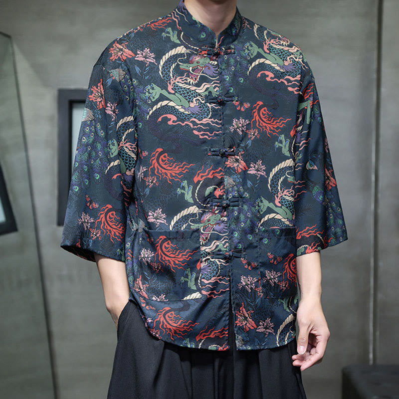 Nimara Ritual Spring Frog-Button Dragon Mountain Flower Three Quarter Sleeve Tang Suit Men's Shirt With Pockets