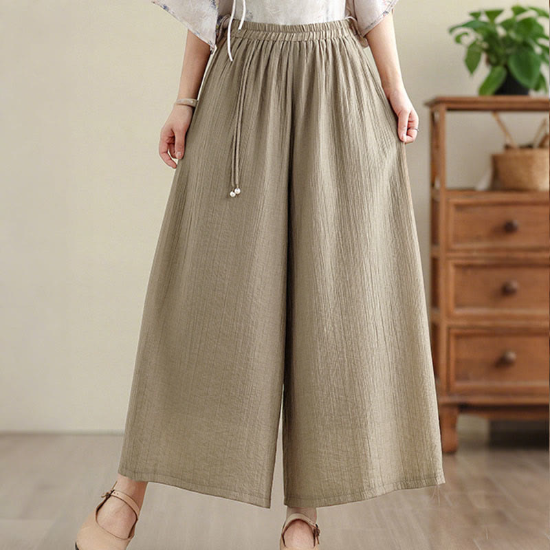 Nimara Ritual Solid Color Elastic Waist Design Capri Cropped Women's Wide Leg Pants
