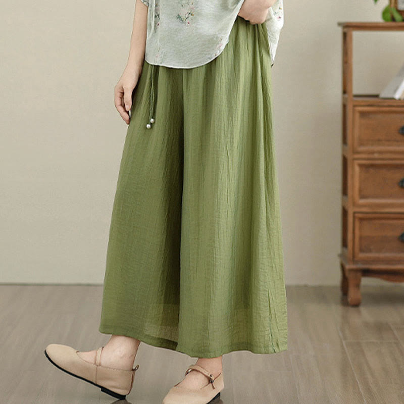 Nimara Ritual Solid Color Elastic Waist Design Capri Cropped Women's Wide Leg Pants