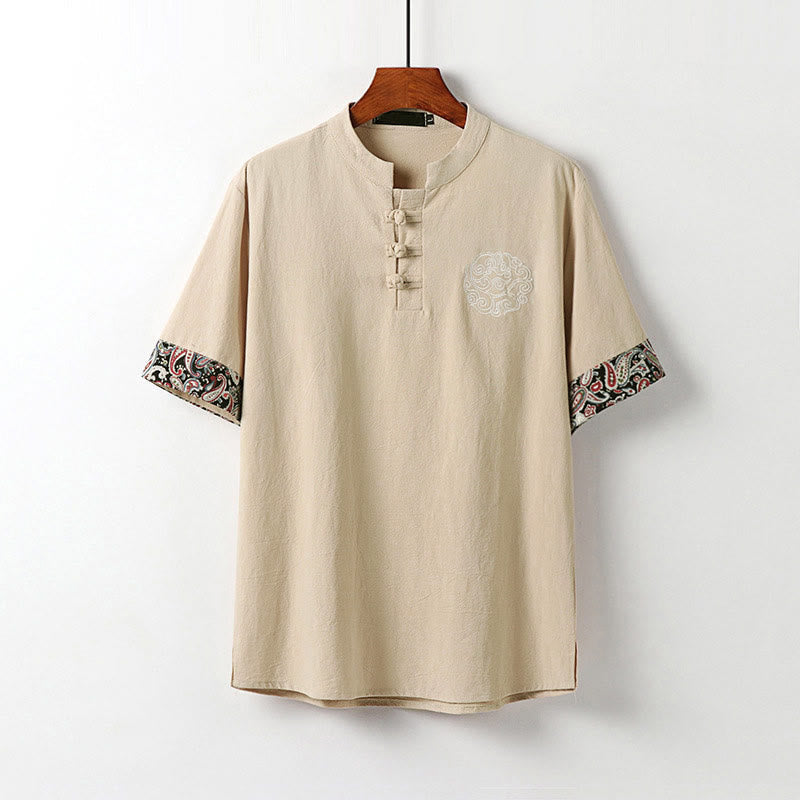 Nimara Ritual Summer Frog-Button Auspicious Clouds Embroidery Design Short Sleeve Cotton Linen Men's Shirt