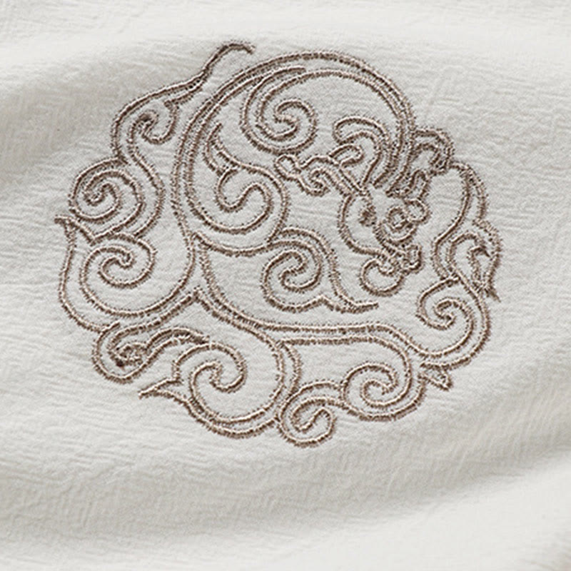 Nimara Ritual Summer Frog-Button Auspicious Clouds Embroidery Design Short Sleeve Cotton Linen Men's Shirt