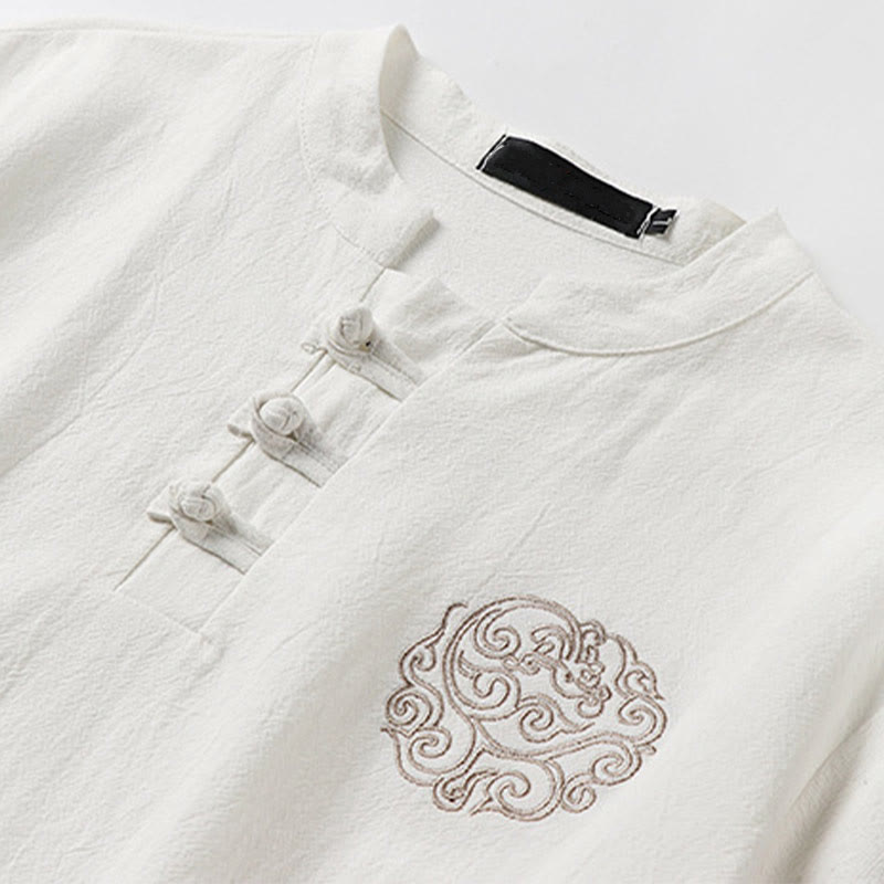 Nimara Ritual Summer Frog-Button Auspicious Clouds Embroidery Design Short Sleeve Cotton Linen Men's Shirt