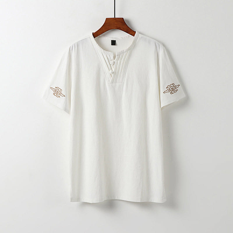 Nimara Ritual Summer V-Neck Frog-Button Short Sleeve Clouds Embroidery Cotton Linen Men's Shirt