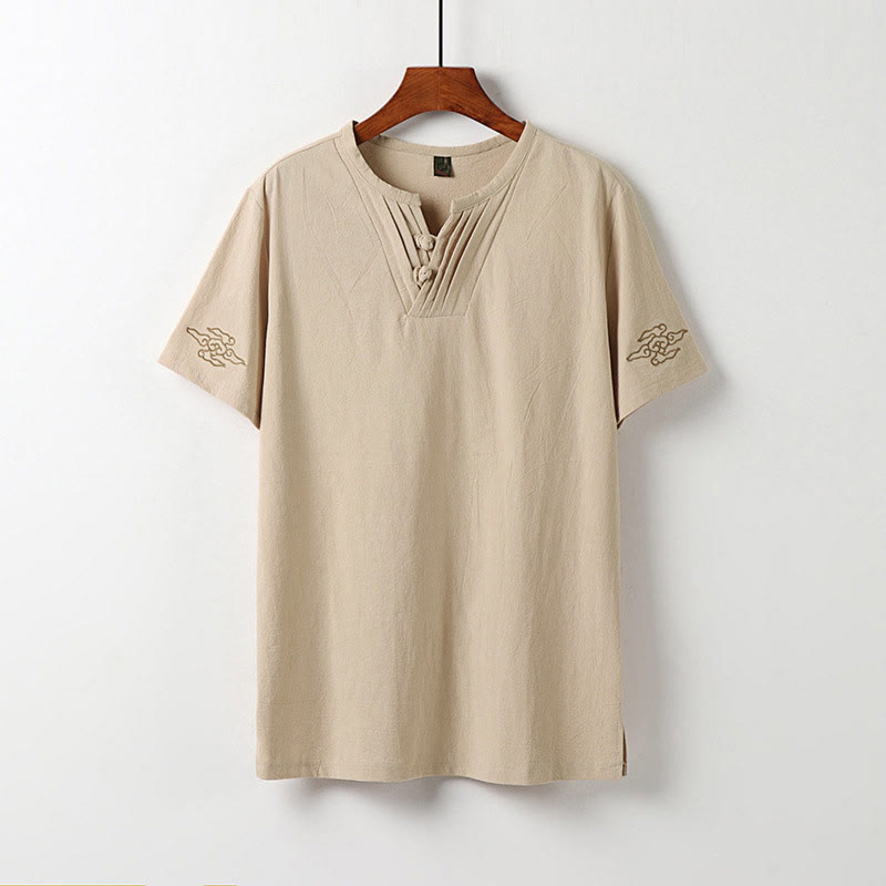Nimara Ritual Summer V-Neck Frog-Button Short Sleeve Clouds Embroidery Cotton Linen Men's Shirt