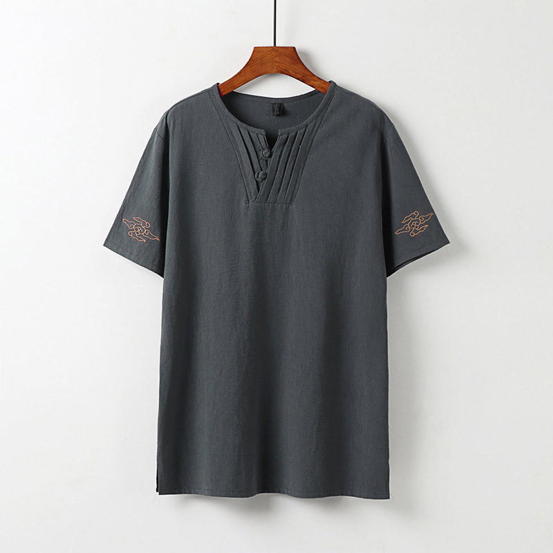 Nimara Ritual Summer V-Neck Frog-Button Short Sleeve Clouds Embroidery Cotton Linen Men's Shirt